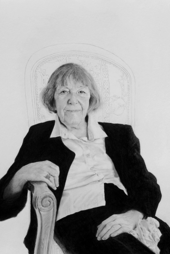 dessin, portrait d'une femme âgée réalisé d'après photo au Fusain et Graphite